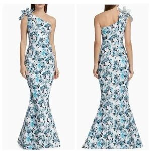 Chiara Boni One-Shoulder Floral Mermaid Dress in White and Blue
